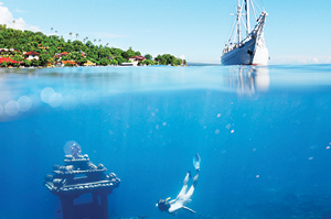 Topdeck traveler diving into the crystal clear blue waters on the coast of Lembongan Island towards an old undersea ruin.