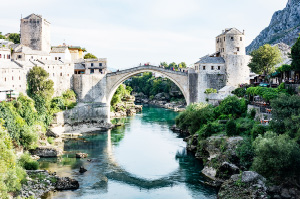 A riverside view of Mostar's Old Bridge, a reconstructed medieval bridge which has it's own museum.