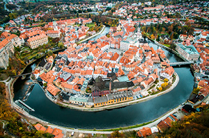 An overhead shot of Český Krumlov, a UNESCO World Heritage listed city in the Czech Republic.