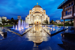 View of the Saint Sava Temple in Belgrade during the night.