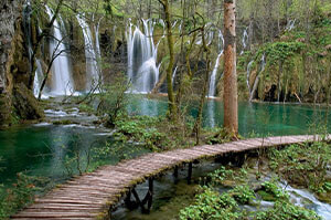 A wooden walkway goes through a section of Plitvice Lakes National Park, with a waterfall in the background.