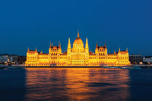 The incredible baroque Buda Castle in Hungary at night.