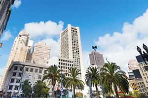 Ground level view of the skyscrapers in San Francisco's Union Square.