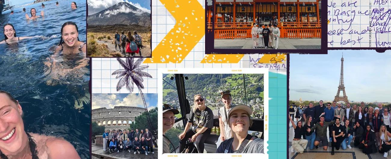 A collage of different Topdeck group travel experiences, with photos of travelers swimming, hiking and visiting famous monuments as the Eiffel Tower.