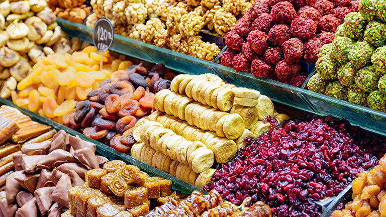 Display of dried fruits, nuts and sweets at a Turkish market.