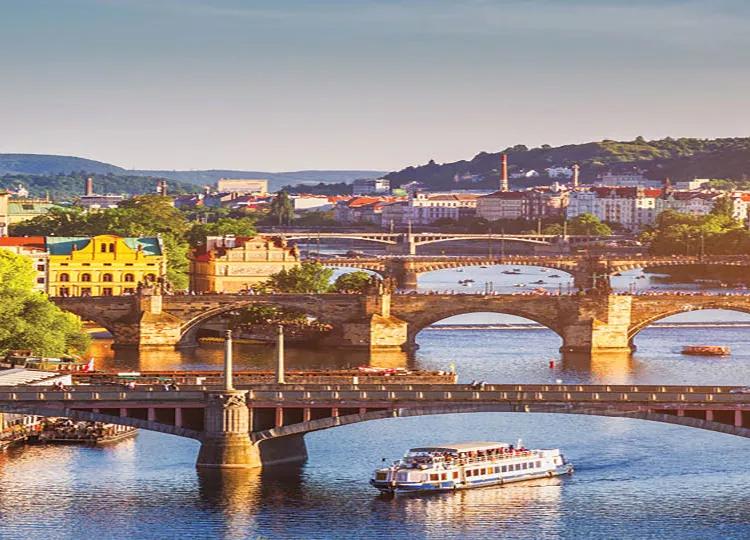 River boat cruising down an Eastern Europe river.