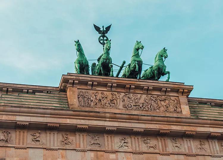 A view of the top of the iconic Brandenburg Gate in Berlin.