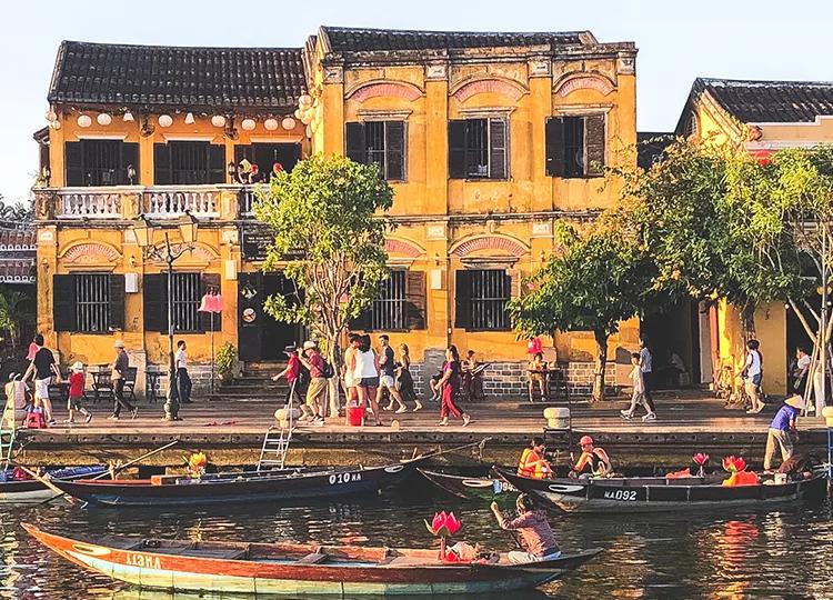 A view of the Hoi An's Riviera and the ancient town on the riverside from the colonial era.