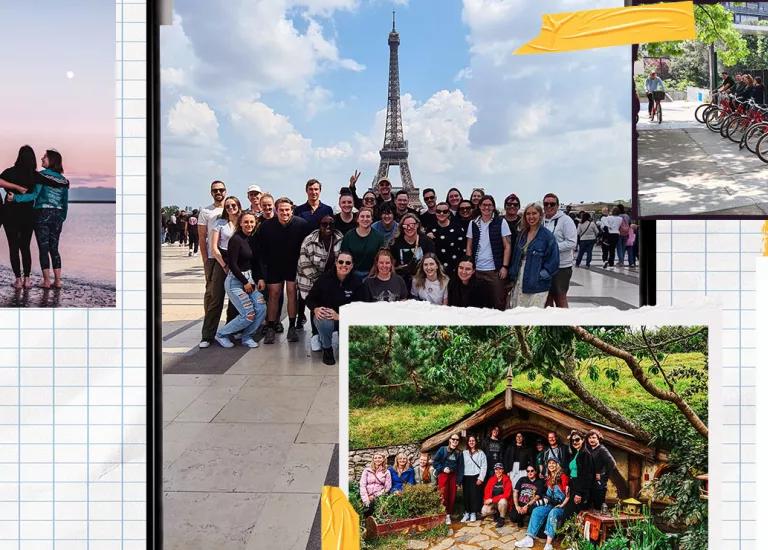 Collage of different Topdeck group travel experiences such as a cycling tour, visiting scenic locations like the Eiffel Tower and more.