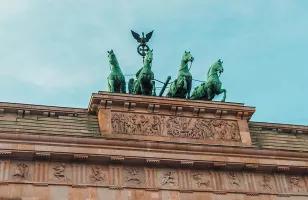 A view of the top of the iconic Brandenburg Gate in Berlin.