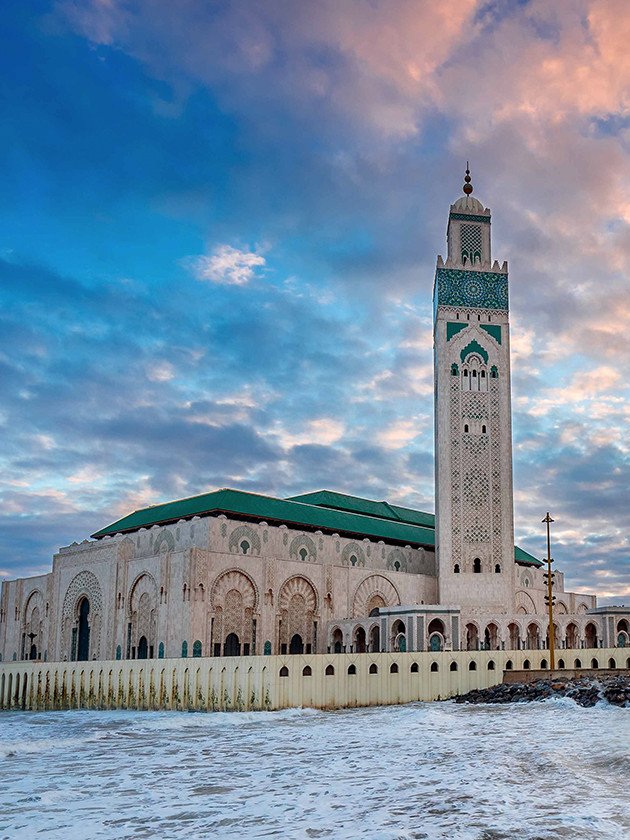 A View of Casablanca's iconic Hassan II Mosque and it's prominent tower. Featured in the film of the same name.