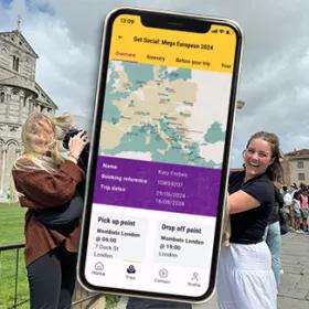 A promotional image of the Topdeck App showing it's mapping features with a Topdeck Group photo in Italy as the background.